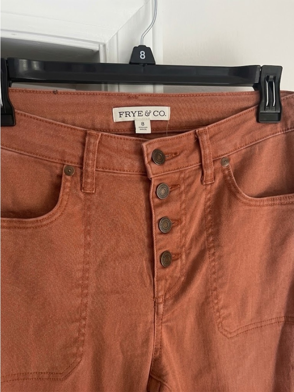 FRYE & CO Cropped Flare Denim Pants Terracotta Raw Hem Size 8 - Picture 5 of 6